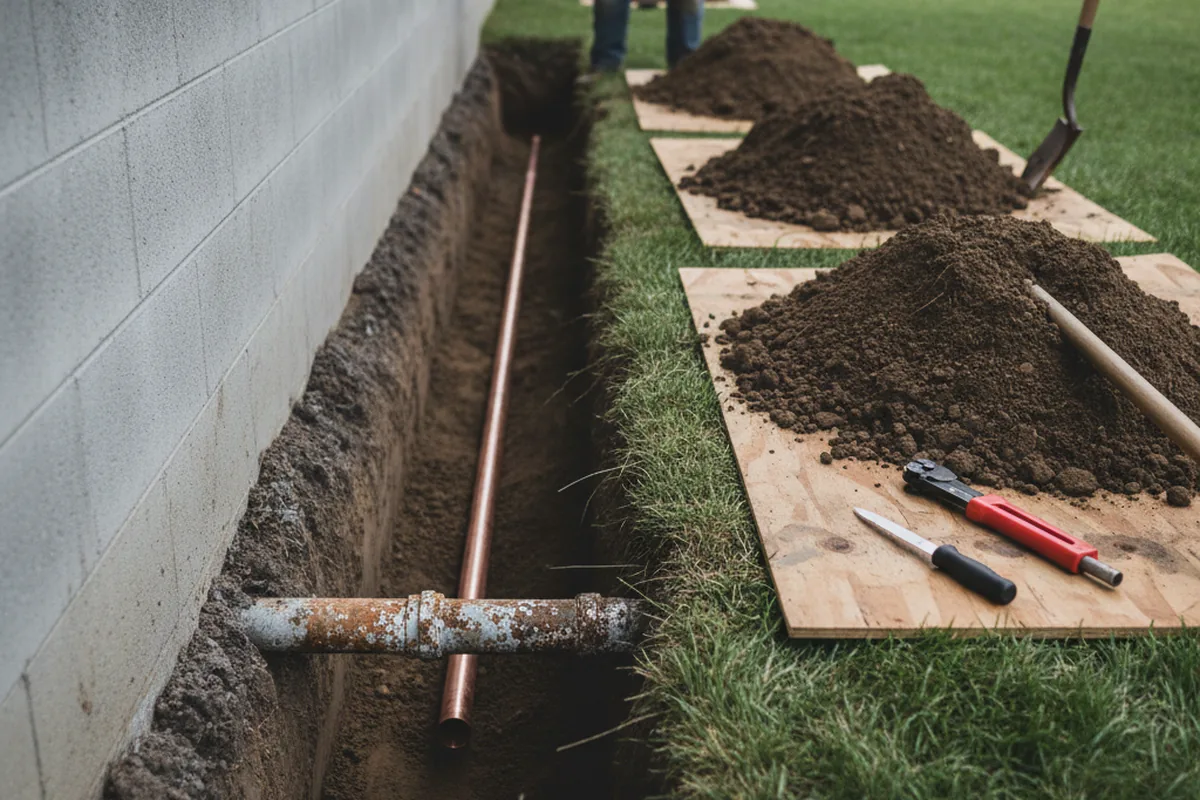 Excavated water line trench during Sewer Line Repair in Sheboygan Falls